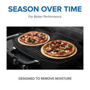 Two pizzas on a grill with text about seasoning over time for better performance.