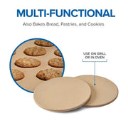 Two round baking mats with a small inset showing cookies baked on them, labeled 'Multi-functional' and 'Use on grill or in oven'.