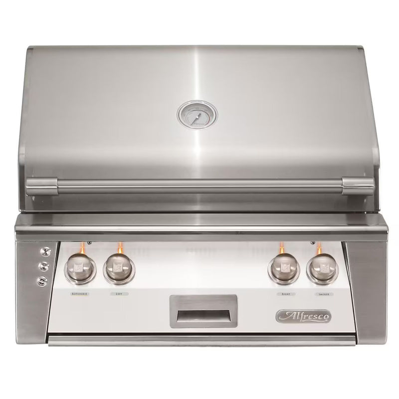 Alfresco 30-Inch Built-in Stainless Steel Gas Grill w/ Rotisserie & Sear Zone in Signal White | GW STORE