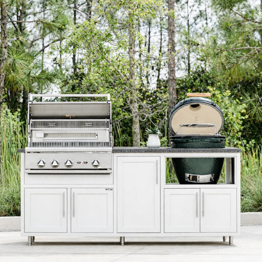 Challenger Designs Coastal Series GDK Outdoor Island w/ Delta Heat 32-Inch Gas Grill & XLarge Egg, White Cabinet Color w/ Silver Vein Countertop | GW STORE