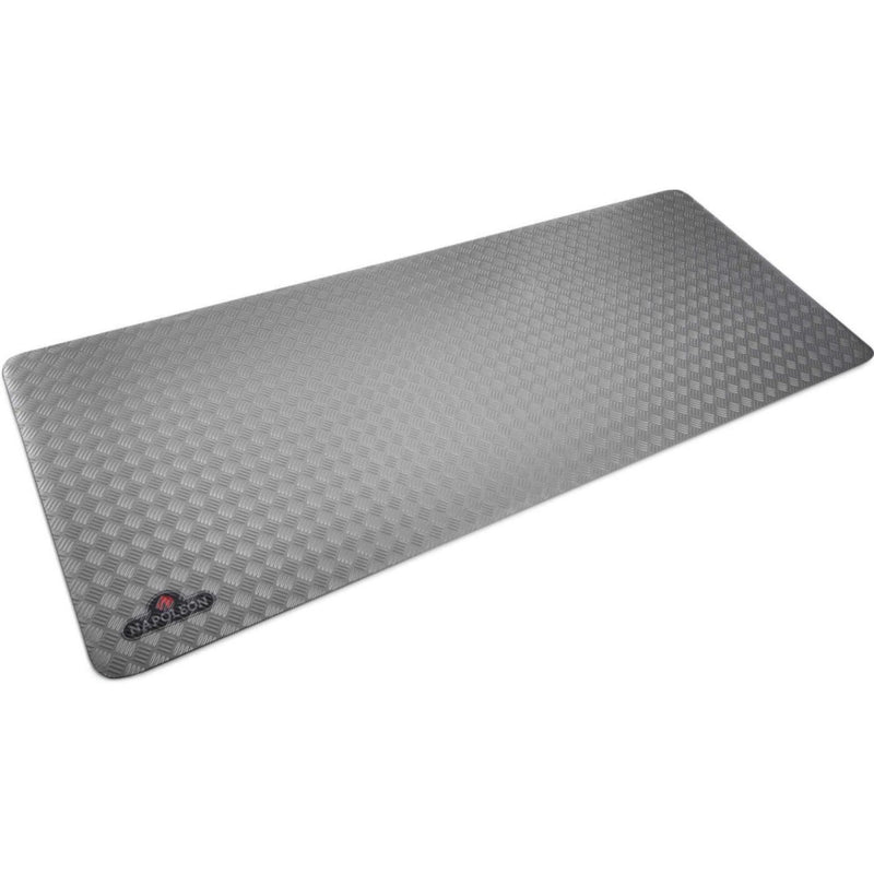 Gray textured mat with a brand logo on a white background