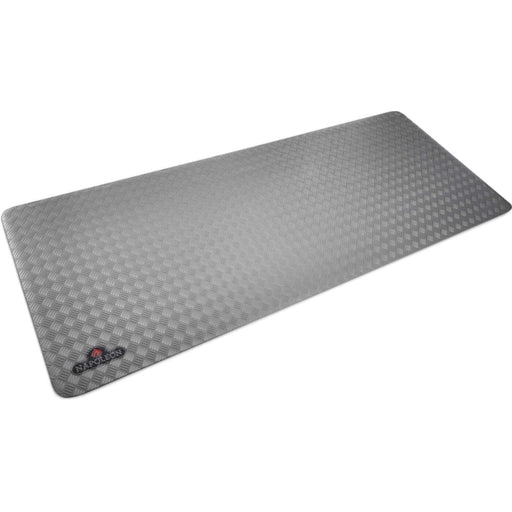 Gray textured mat with a brand logo on a white background
