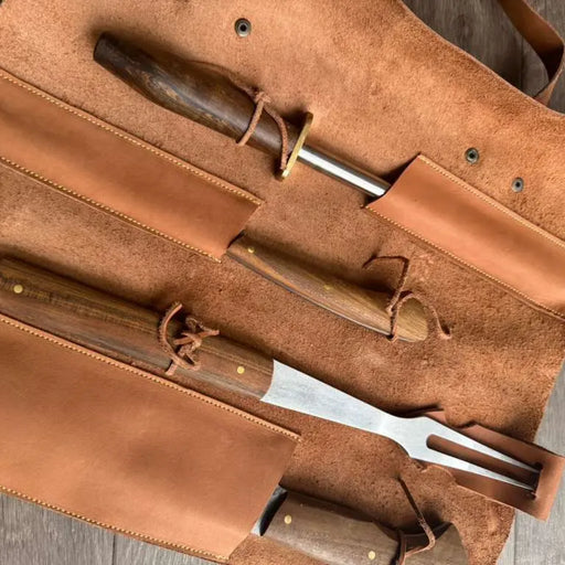 Filos y Más Chaman Grill Set 4-Piece Wood Handle with Leather Sheath | GW STORE