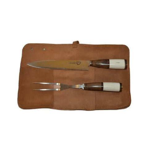 Filos y Más Chaman Knife and Fork Set Stainless Steel Bone & Wood Nickel Silver Leather Sheath 2 Pieces | GW STORE