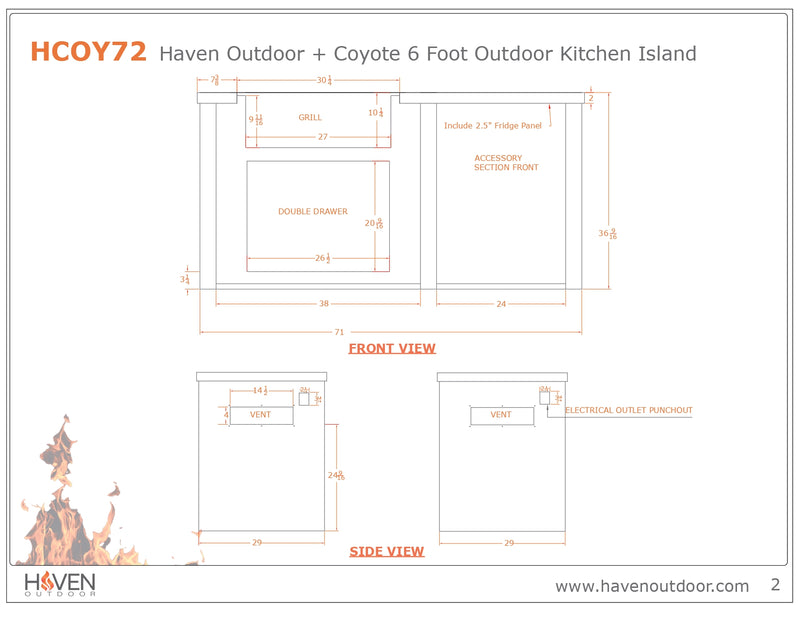 Haven Outdoor 72-Inch Outdoor Kitchen Island with 24-Inch Refrigerator spaces