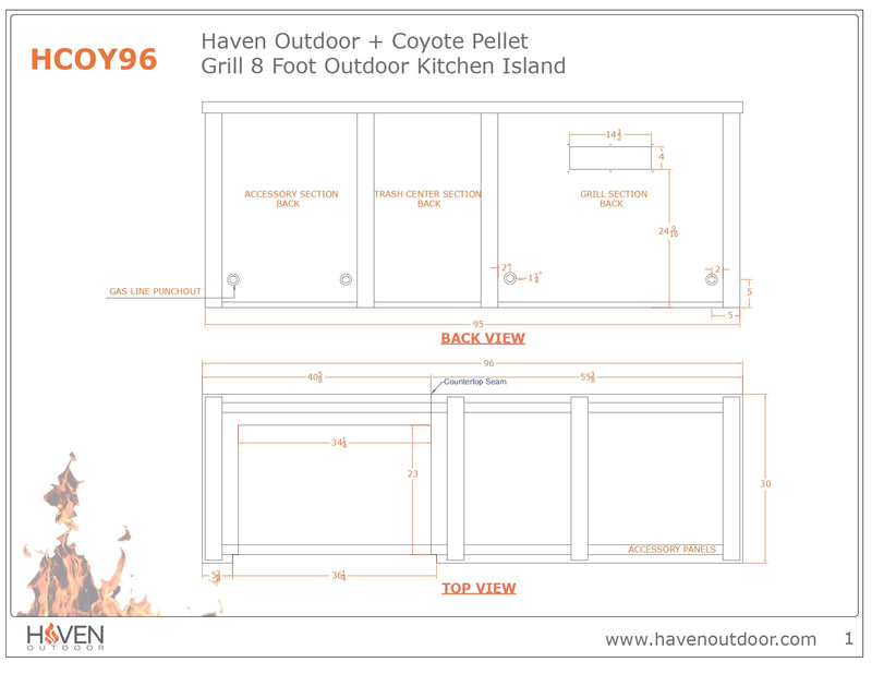 Haven 96-Inch Outdoor Kitchen Island with Plain Panel for 36-Inch Pellet Grill