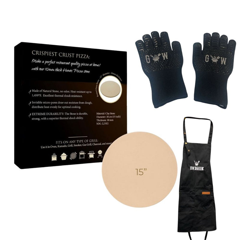 Humos 15-Inch Pizza Stone, GW Apron & BBQ Gloves Bundle | Buy at GW STORE