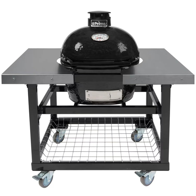 Primo Oval Junior 200 Ceramic Kamado Grill On Steel Cart w/ Side Tables & Stainless Steel Grates | GW STORE