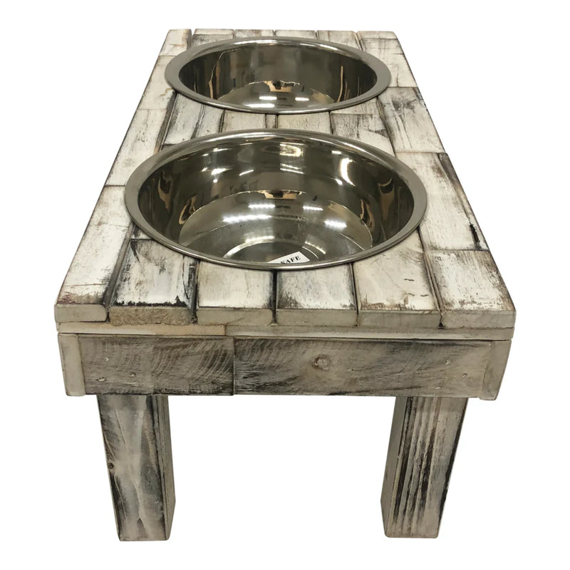 Huntley Pet Berjen Table Small Double Feeder, Whitewash | GW STORE