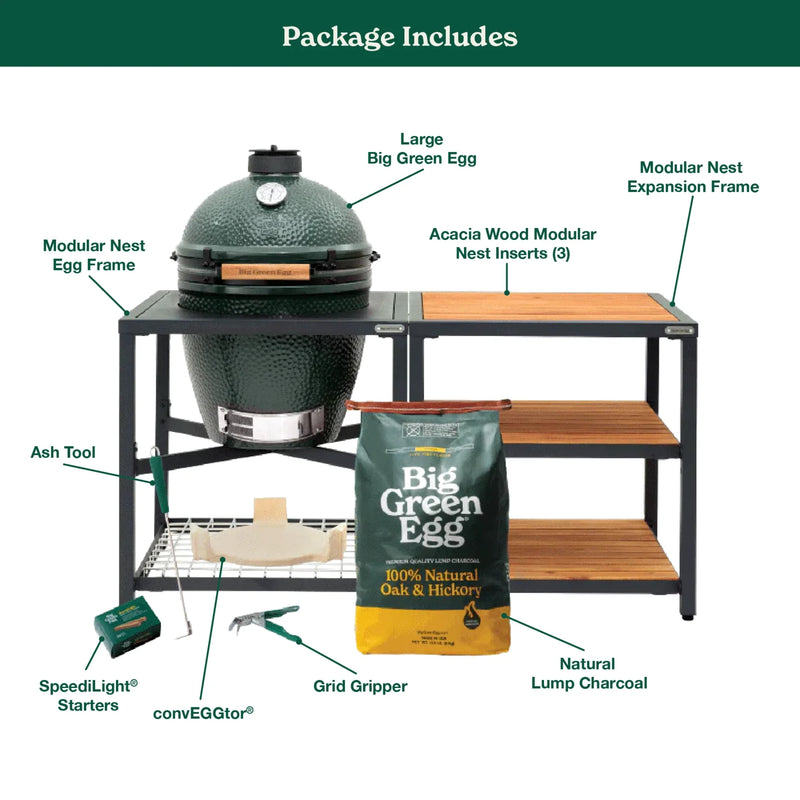 Big Green Egg Large Charcoal Grill in Modular Nest with Expansion & 3 Acacia Inserts Package | GW STORE