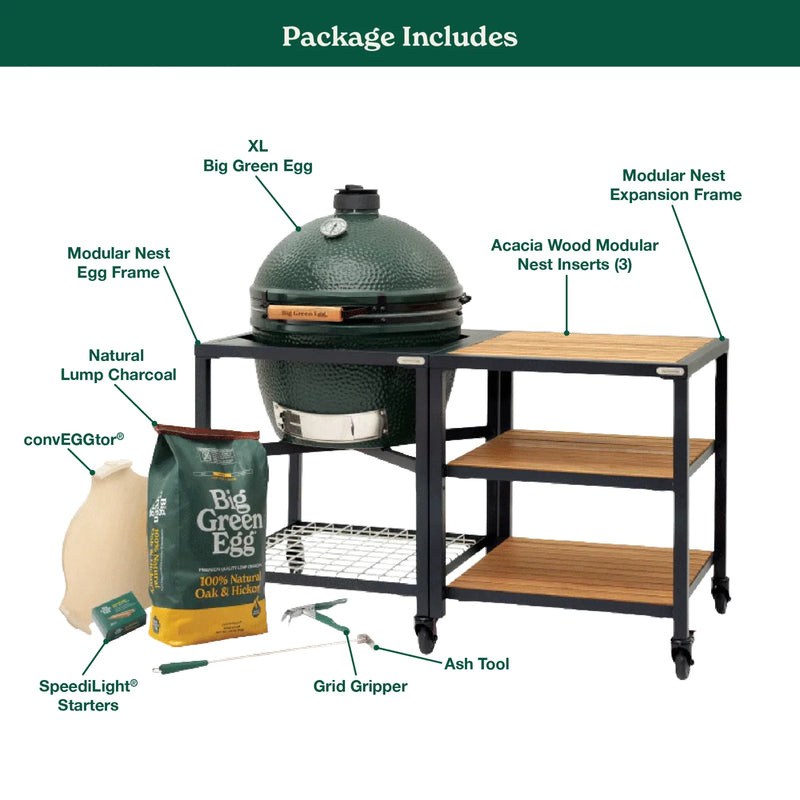 Big Green Egg XLarge Charcoal Grill in Modular Nest with Expansion & 3 Acacia Inserts Package | GW STORE