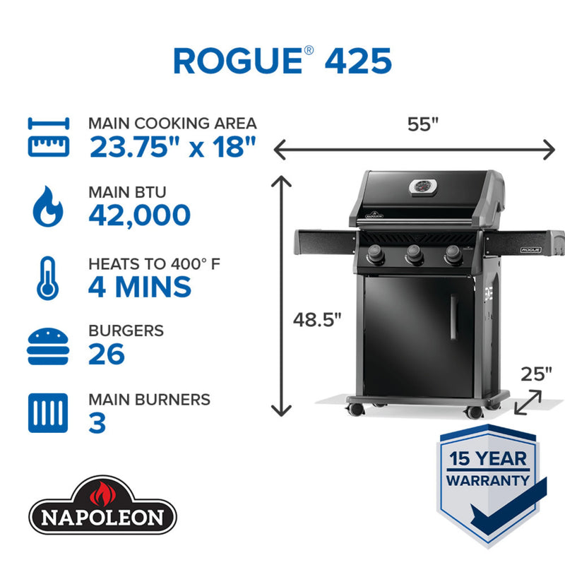 Napoleon Rogue 425 Natural Gas Grill with Stainless Steel Grids and Folding Shelves