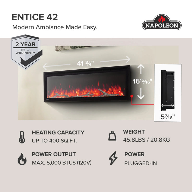 Napoleon Entice™ 42 Wall-Hanging Electric Fireplace | GW STORE