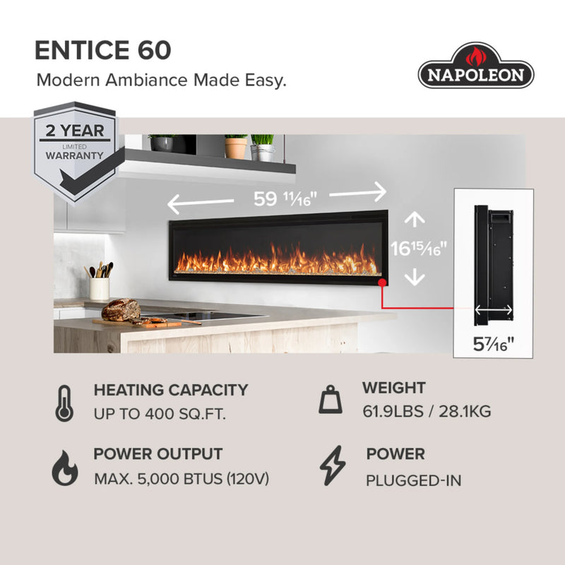 Napoleon Entice™ 60 Wall-Hanging Electric Fireplace | GW STORE