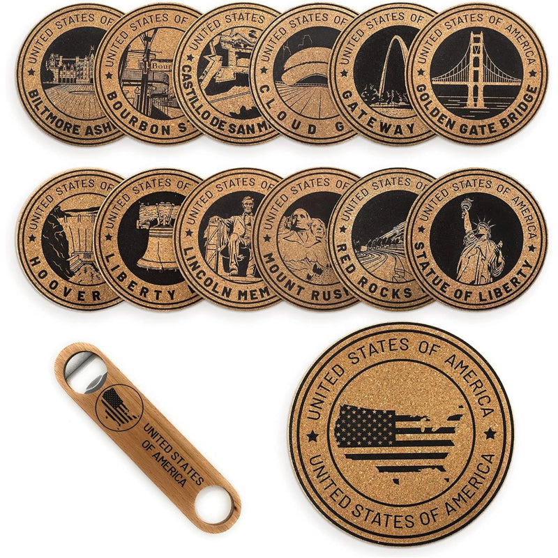 Grillnovations Cork Coasters 14 Piece Set with Ice Bucket and Bottle Opener | GW STORE