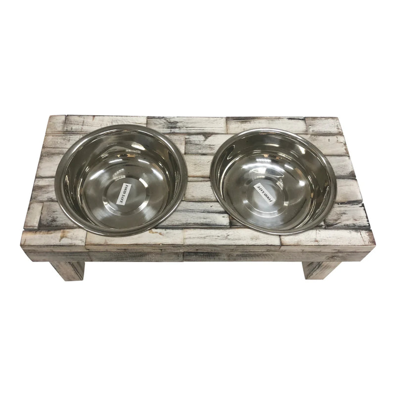 Huntley Pet Berjen Table Double Feeder, Large Whitewash | GW STORE