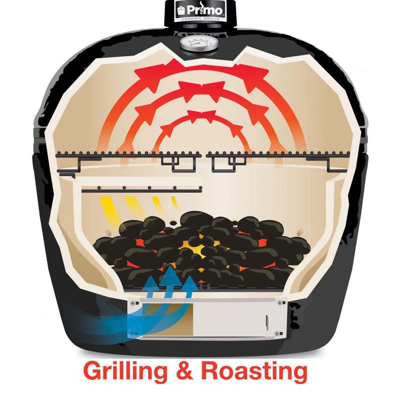 Primo Oval XL 400 Ceramic Kamado Grill On Steel Cart w/ 2-Piece Island Side Shelves & Stainless Steel Grates | GW STORE