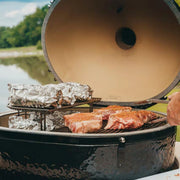Primo Jack Daniels Edition Oval XL 400 Ceramic Kamado Grill On Curved Cypress Table w/ Stainless Steel Grates | GW STORE
