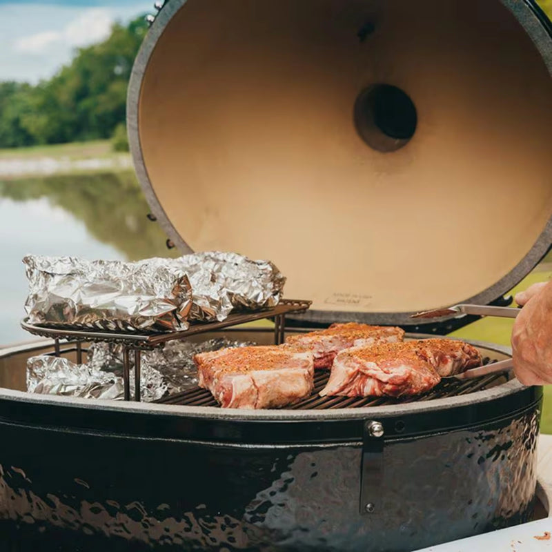 Primo Jack Daniels Edition Oval XL 400 Ceramic Kamado Grill On Curved Cypress Table w/ Stainless Steel Grates | GW STORE