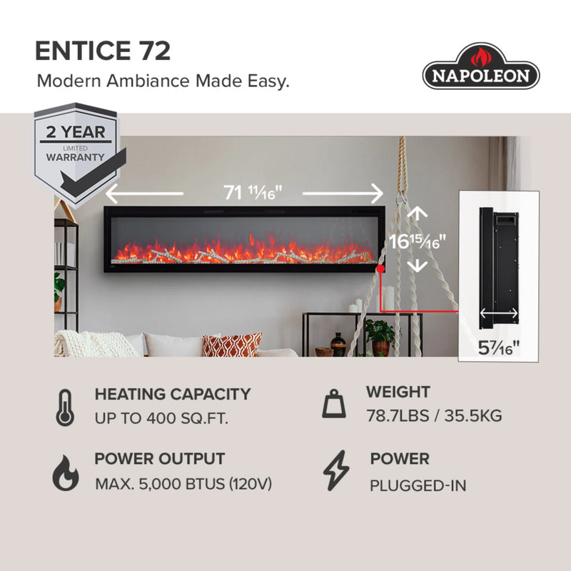 Napoleon Entice™ 72 Wall-Hanging Electric Fireplace | GW STORE