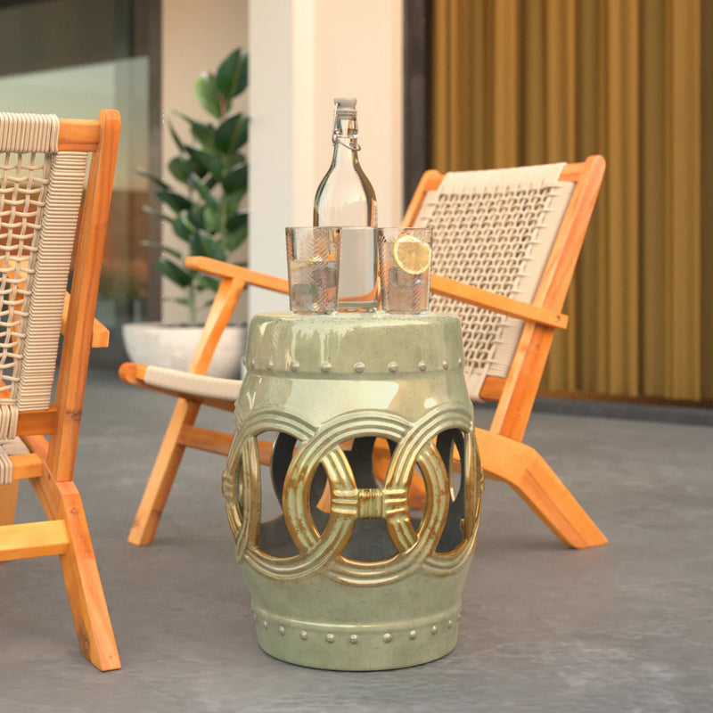 Well Traveled Living Large Medallion Ceramic Stool in Olive Jade Green | GW STORE