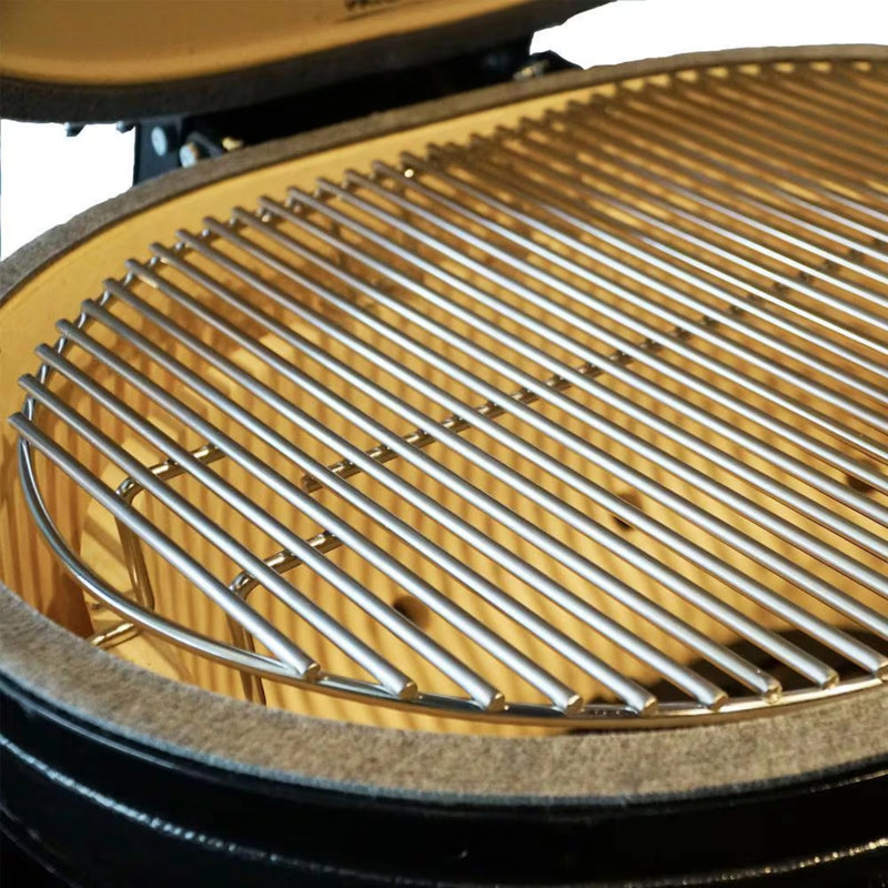 Primo Jack Daniels Edition Oval XL 400 Ceramic Kamado Grill On Curved Cypress Table w/ Stainless Steel Grates | GW STORE
