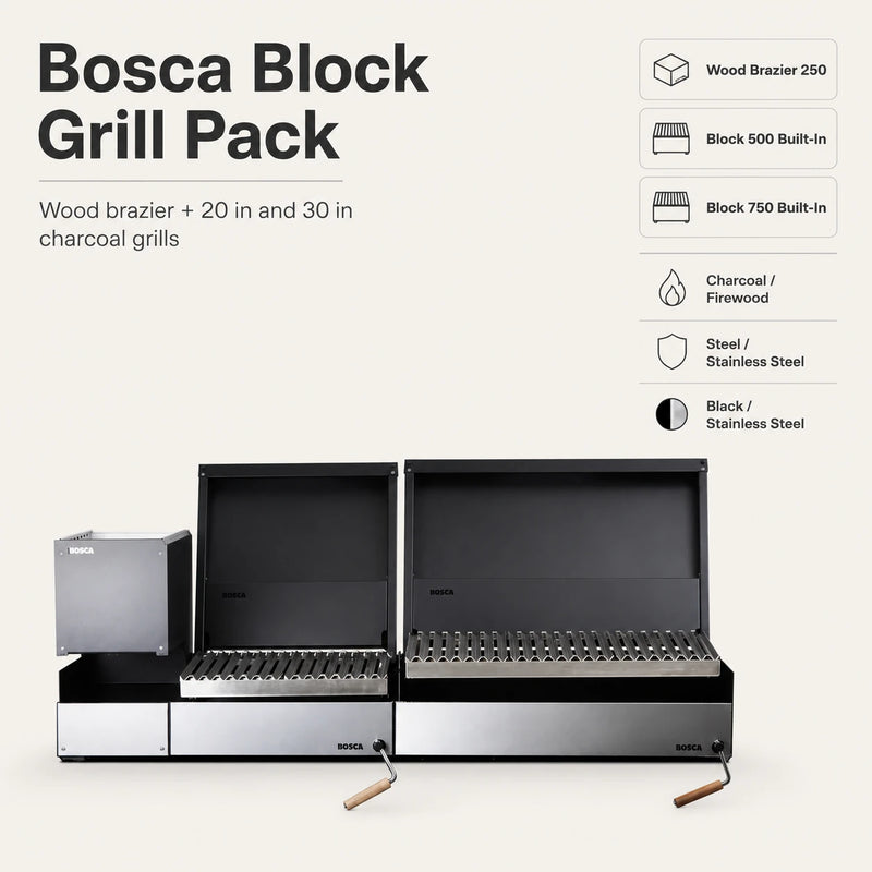 Bosca Pack Block Wood Brazier 250 + Block 500 20" Built-in Charcoal Grill + Block 750 30" Built-in Grill | GW STORE
