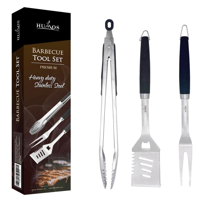 Humos Premium BBQ 3 Piece Stainless Steel Tool Set & Meat Thermometer Bundle